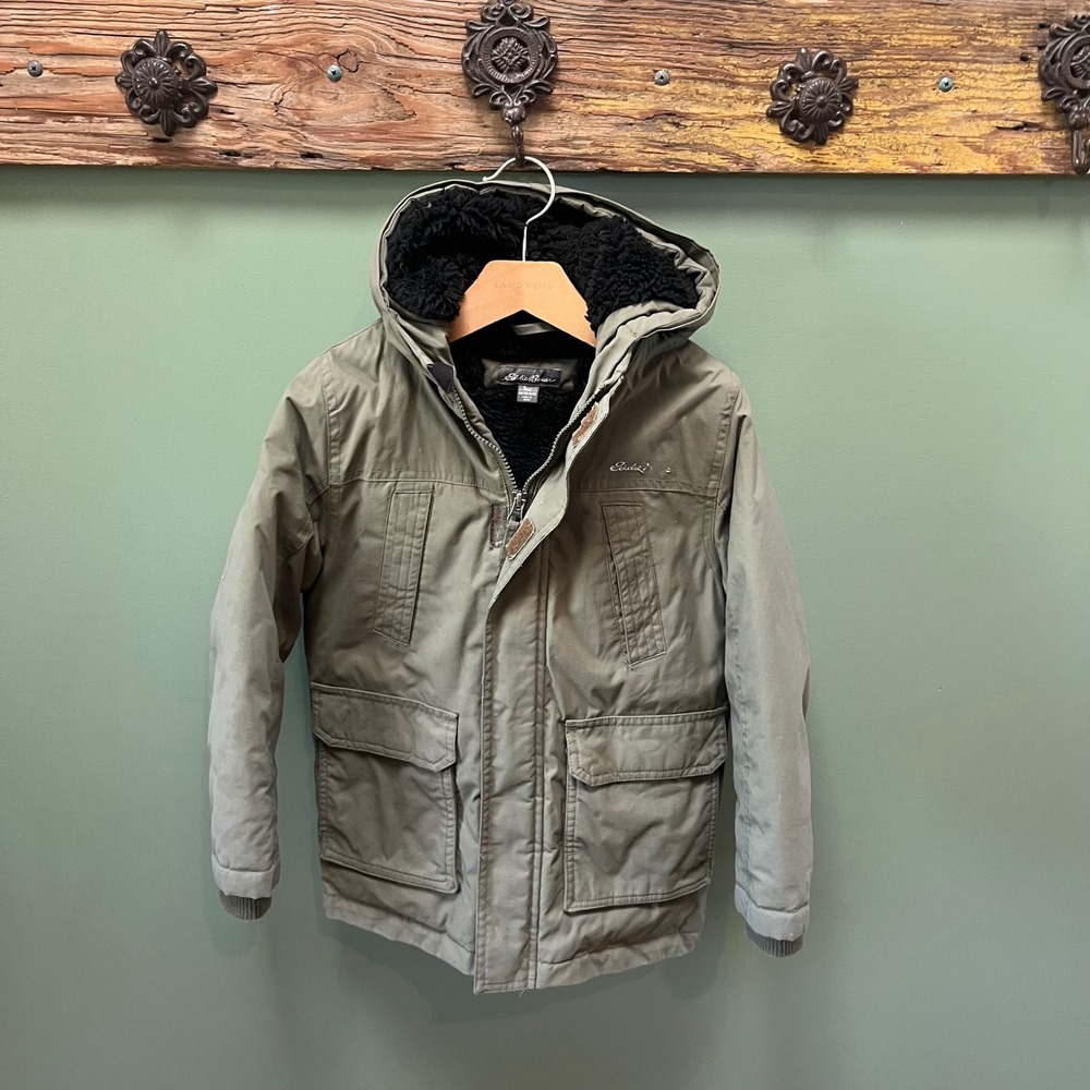 Eddie Bauer Kids XS 5/6 Down Parka Hooded Winter Jacket Olive Green Sherpa Lined